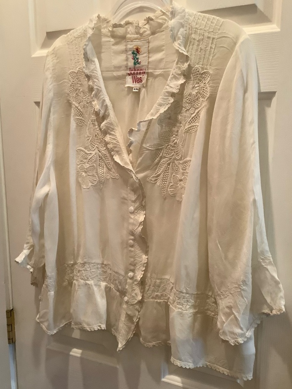 Johnny Was Ivory Blouse with Embroidery and Lace,  Size XXL,Vintage.